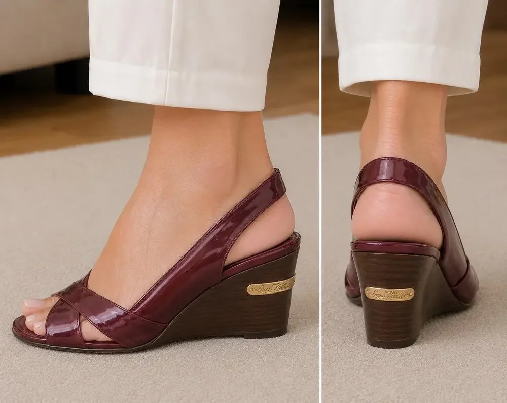 VTG Louis Vuitton Patent Leather Slingback Wedge Sandals Burgundy EU 36 Italy
